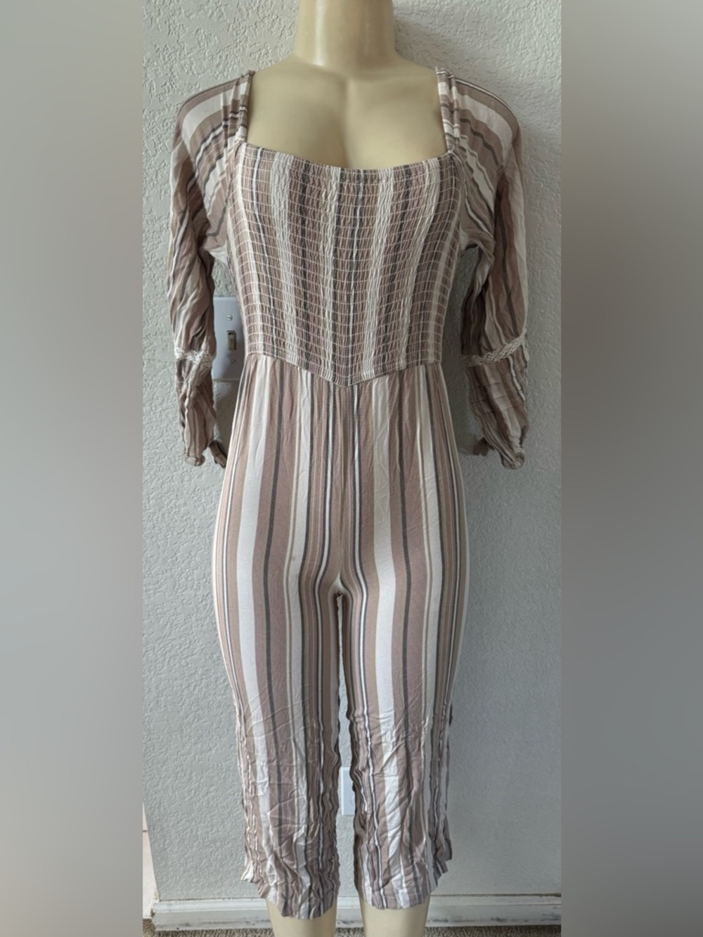 Jessica Simpson Striped Cream & Beige Smocked Jumpsuit/romper summer classy